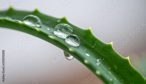 Fresh green aloe vera leaf with water droplets.