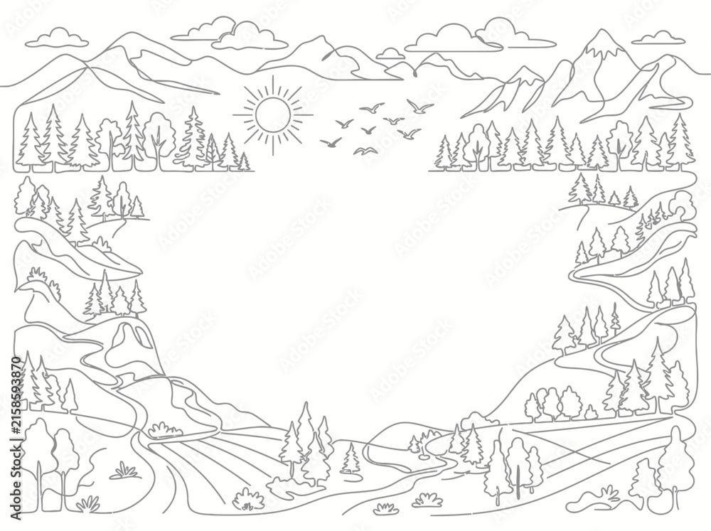 Fototapeta premium Mountain landscape line art frame depicting pine trees, hills, sun, and birds framing a blank central area.