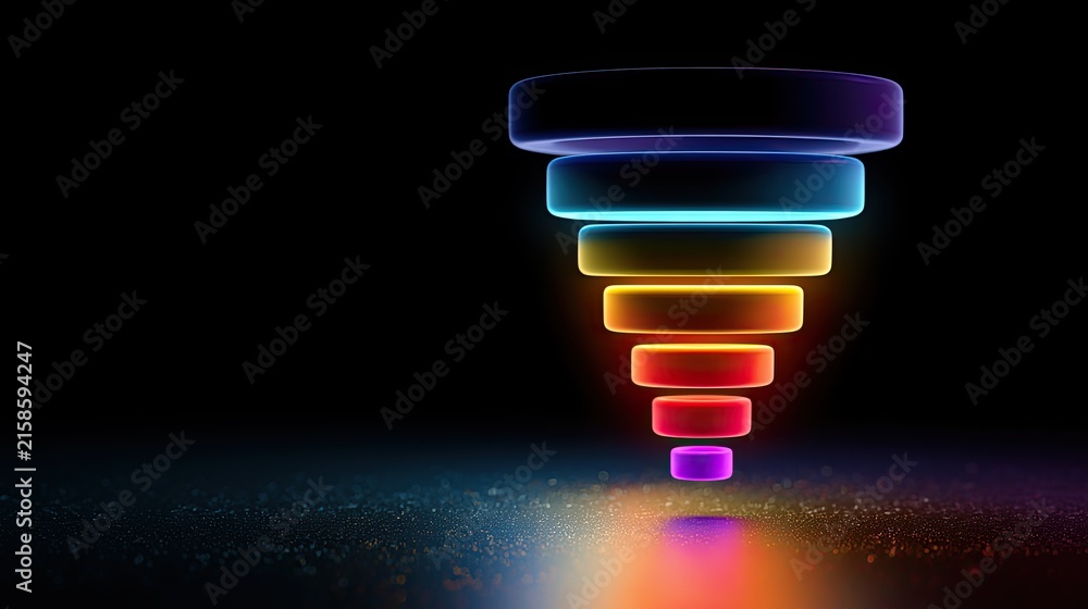 Fototapeta premium Abstract Neon Funnel Diagram with Rainbow Colors on Black Background.