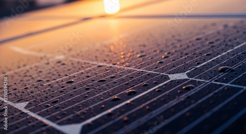 Close-up of dew drops on a solar panel surface with warm sunset light reflecting, showcasing renewable energy technology.