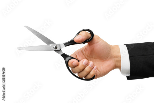 Businessman hand holding open scissors isolated on transparent background 