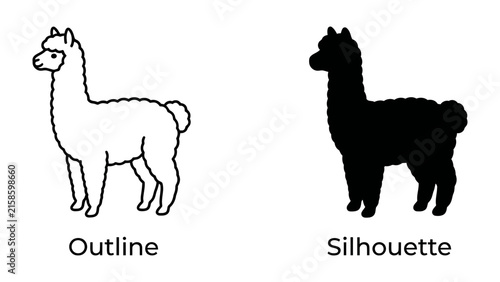 Alpaca Outline and Silhouette: A clear representation of an alpaca in two distinct styles: a simple line drawing outline and a solid black silhouette, perfect for graphic design and branding.