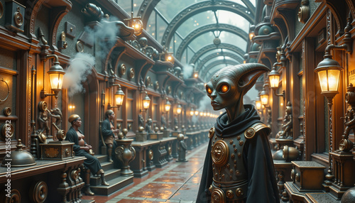 humanoid figure with large expressive eyes standing in a steampunk-inspired corridor filled with vintage lamps and intricate architectural details, video