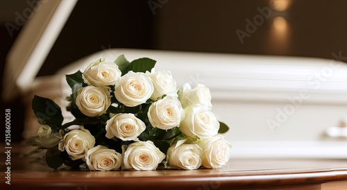 White Roses Bouquet on Casket Lid Funeral Service.
