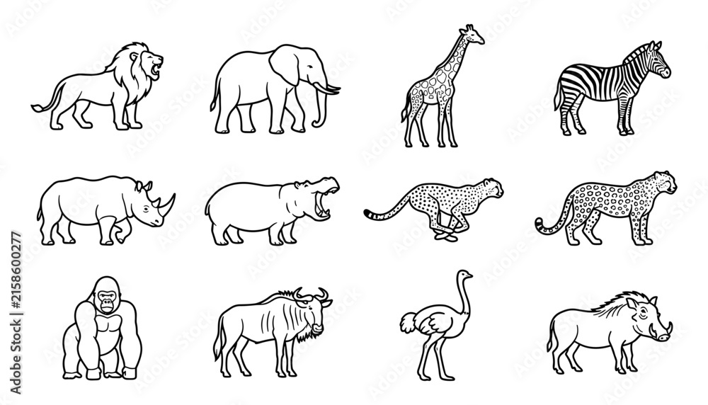 Fototapeta premium Animal Silhouettes Set with Linear Outlines and Simple Shapes