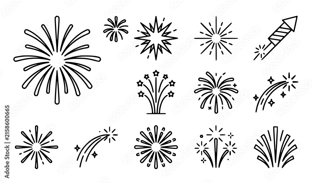 Obraz premium Fireworks Celebration Symbol Outline Vector Icon Set Black and White