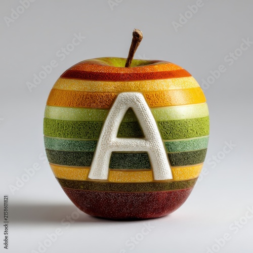 Colorful striped apple with a white letter A placed prominently on its surface, showcasing a unique design against a plain gray background