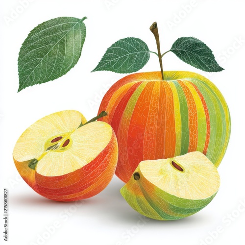 Colorful illustration of three apples, one whole and two cut in half, showcasing vibrant red, yellow, and green stripes with green leaves on a white background