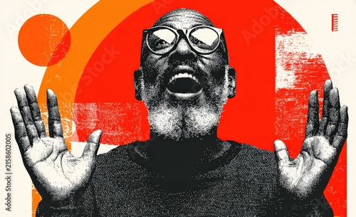 Black male figure with glasses raises hands in excitement against a vibrant abstract background featuring orange and red circular shapes and textures