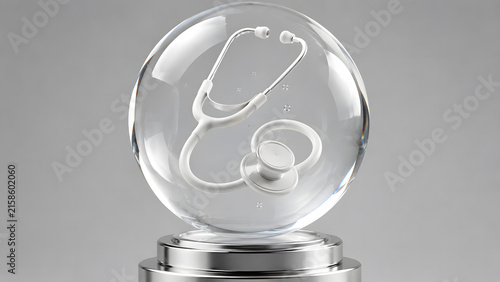 A 3D laser-etched glass crystal ball containing a detailed white stethoscope sits on a metallic pedestal against a solid grey background.