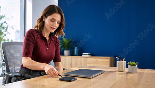 Smiling businesswoman at a wooden desk in a modern office. Professional woman working with a laptop and external device