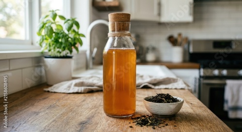 Glass bottle of kombucha tea and loose leaf tea on wooden surface