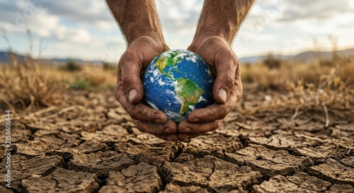 Hands Cupping Miniature Earth Over Cracked Dry Land Symbolizing Environmental Care