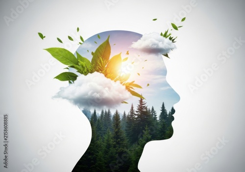 Human Head Silhouette Filled With Forest and Sky, Representing Nature's Influence on Thought