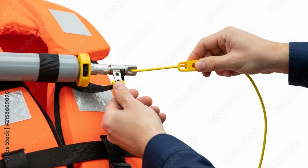 Obraz premium Person meticulously inspecting a bright orange life jacket safety mechanism for marine use