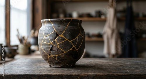 Kintsugi ceramic pot repaired with gold on a wooden table