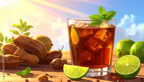 Refreshing iced tea with lime and cinnamon sticks on wooden table.