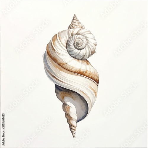 Delicate Watercolor Illustration of Spiral Seashell on White Background.