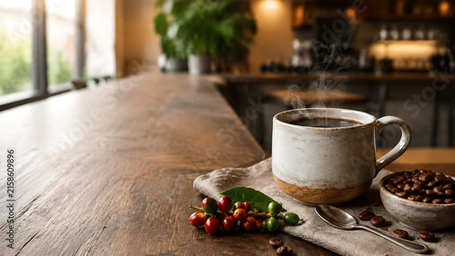International Coffee Day Banner with Hot Coffee Cup, Fresh Coffee Cherries and Copy Space in Cozy Cafe