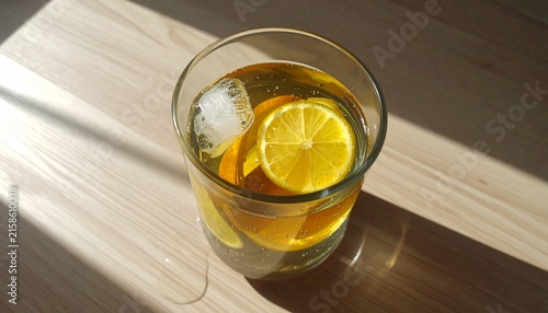 Refreshing Iced Tea with Lemon and Ice Cubes on Wooden Table.