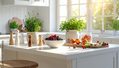 Bright Modern Kitchen with Fresh Fruits and Herbs.