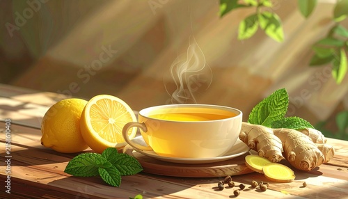 Fresh ginger tea with lemon and mint on wooden table.