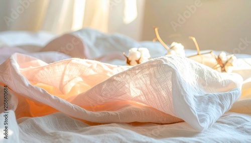 Delicate Peach Roses Wrapped in Sheer Fabric.