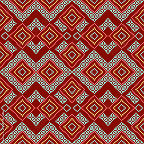 seamless geometric pattern
Seamless design, resembling Christmas stitch patterns, rhinestones, and zigzag lines, using blue, yellow, and red colors on a brown background, for the fashion and textile i