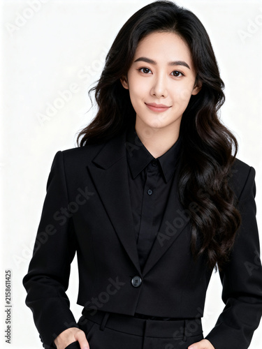 Confident Professional Businesswoman Portrait in Black Suit and Blouse, Corporate Executive Headshot

