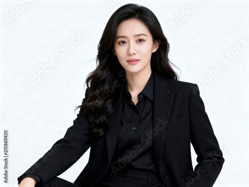 Confident Professional Businesswoman Portrait in Black Suit and Blouse, Corporate Executive Headshot

