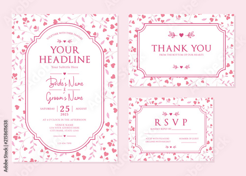 Elegant Pink Heart Floral Wedding Invitation Suite Template