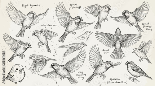 Various flying poses of birds illustrated.
