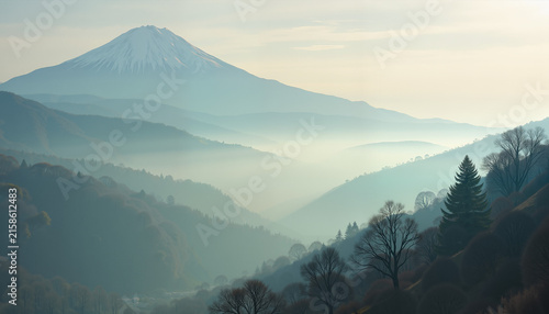 serene landscape view of distant mountains surrounded by misty valleys and silhouetted trees under soft daylight, concept nature beauty with copy space