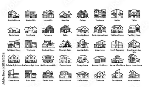Residential House Architecture Outline Icons Vector Collection for Real Estate Design