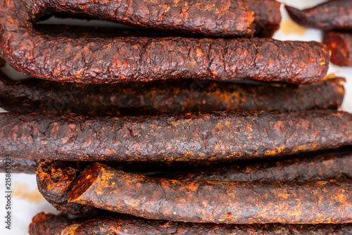 Smoked sausages with a rich, rustic texture