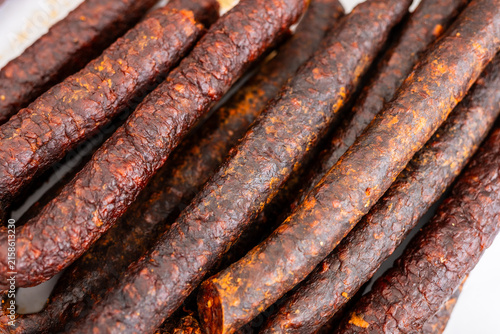 Smoked sausages with a rich, rustic texture
