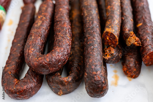 Smoked sausages with a rich, rustic texture