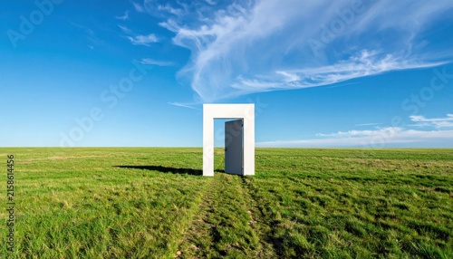 Minimalist doorway structure standing alone in a vast green meadow under a bright blue sky.