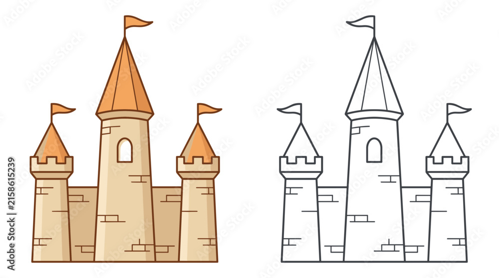 Fototapeta premium Medieval Castle Fortress Vector Set Featuring Colored Graphic and Black Line Art Icon for Game Design