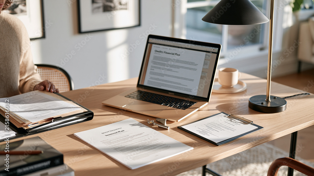 Fototapeta premium Wealth management advisor's minimalist studio desk showing a before and after concept with a cluttered investment folder beside a streamlined single-page quality financial plan,