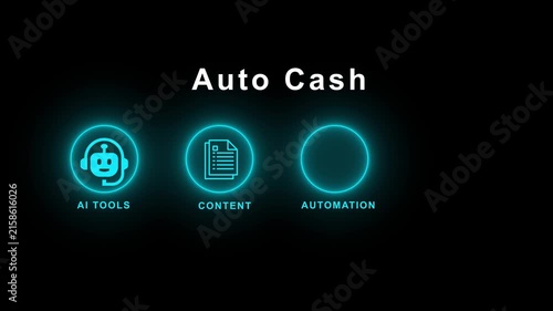 Auto cash system showing glowing icons for ai tools content automation and passive income generation for modern digital business technology