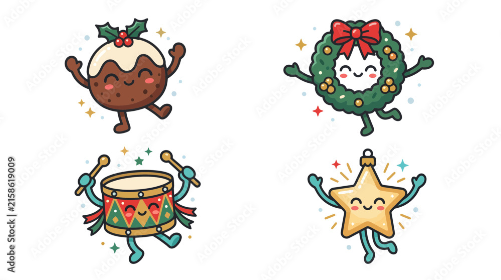 Fototapeta premium Cute Kawaii Christmas Character Set with Pudding Wreath Drum and Star.