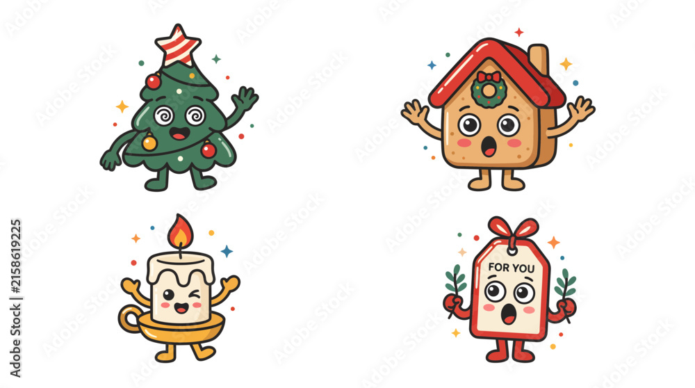Fototapeta premium Set of cute Christmas characters including a tree house candle and gift tag.