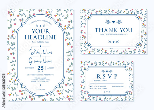Hand Drawn Blue Floral Wedding Invitation Suite Vector Template
