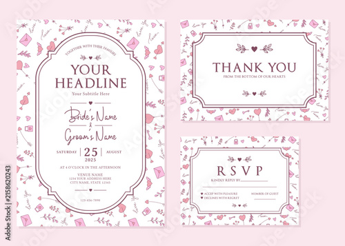 Hand Drawn Pink Love Doodle Wedding Invitation Suite Vector Template
