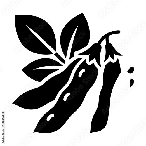Black silhouette of a pea plant branch with two pods and leaves isolated on a white background, for agricultural and, food branding