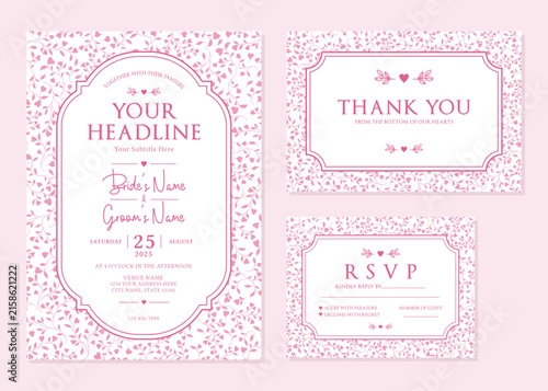 Light Pink Floral Heart Pattern Wedding Invitation Suite Vector Template
