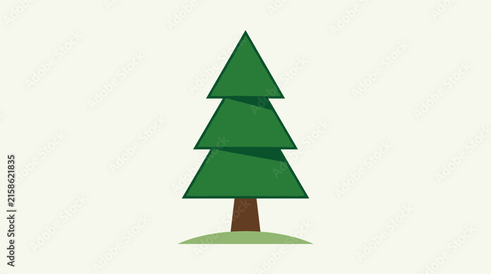 Fototapeta premium Stylized evergreen tree with brown trunk and green grassy mound simple illustration