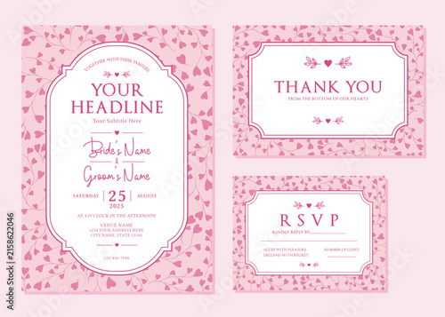 Pink Heart Floral Background Wedding Invitation Suite Vector Template
