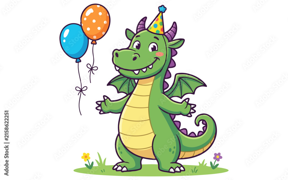 Obraz premium Cute cartoon dragon sitting holding colorful balloons
